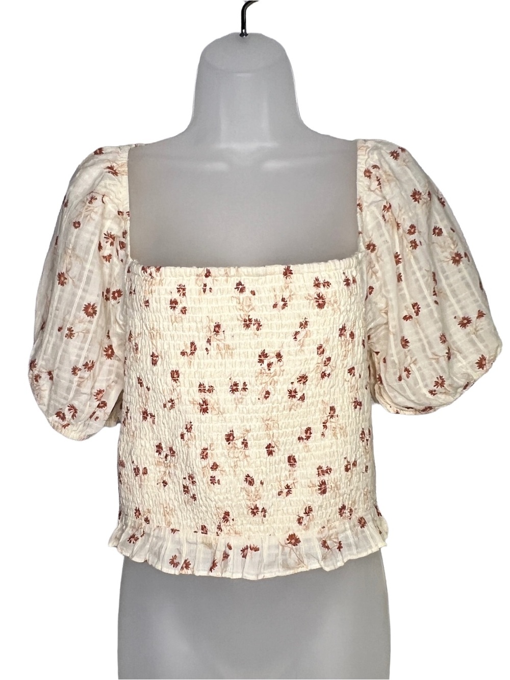 Smocked Square-Neck Puff Sleeve Top in Cream with Rust Floral Women's L
